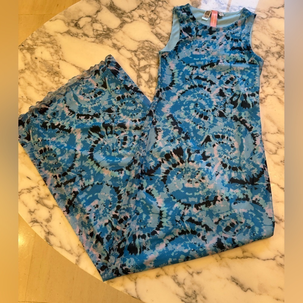 NWOT Something New Serena Print Sleeveless Mesh Maxi Dress Malibu Blue XS - Picture 7 of 9